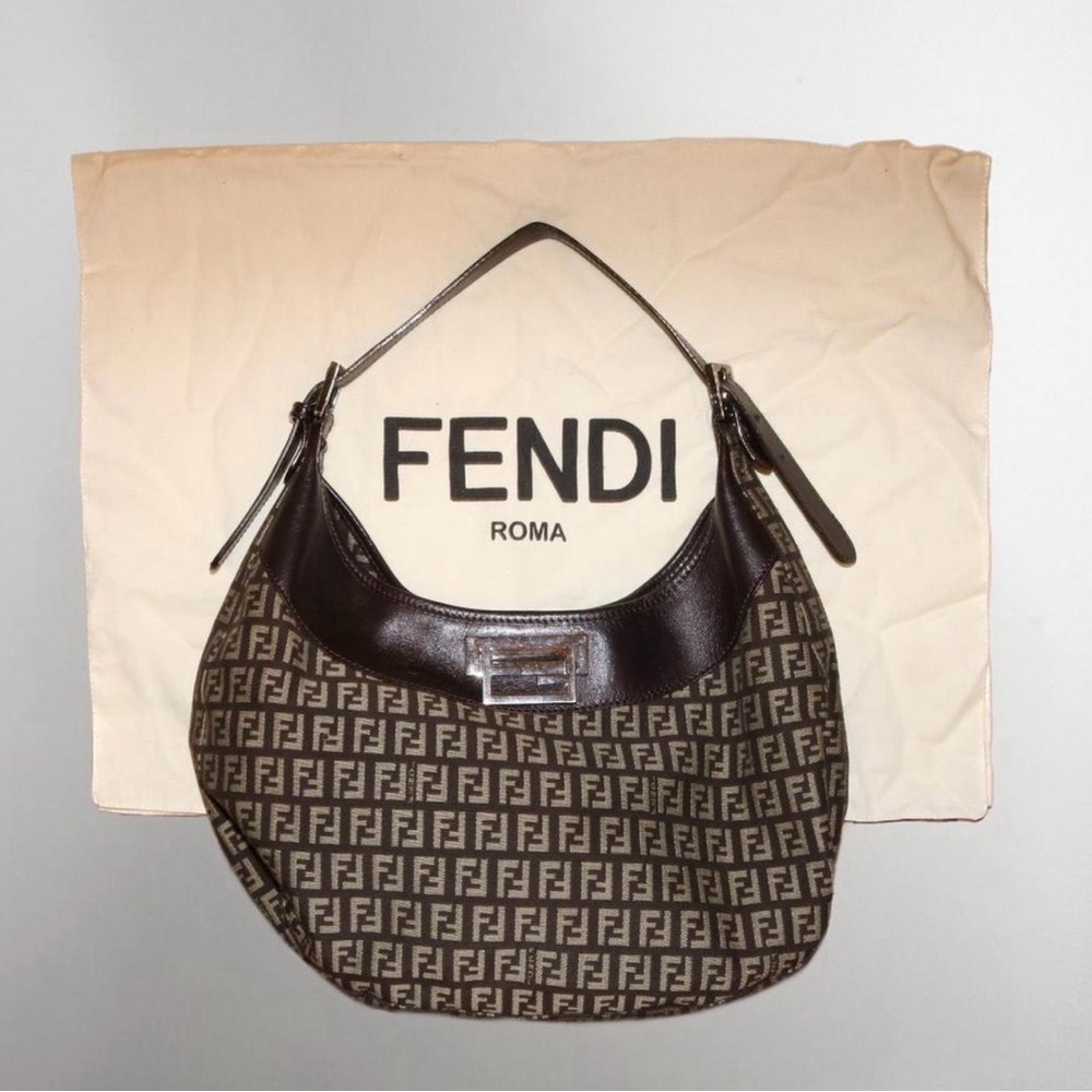 Fendi Brown Leather Zucca Canvas Medium FF Shoulder Bag w Dust Bag